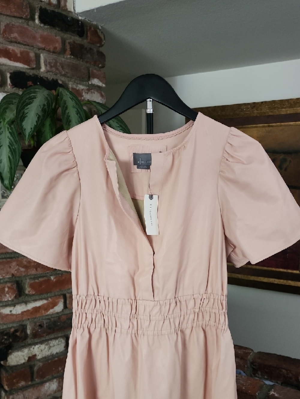 Anthropologie Somerset Vegan Leather Mini Dress Pink Rose Smocked Waist NWT - Picture 3 of 16
